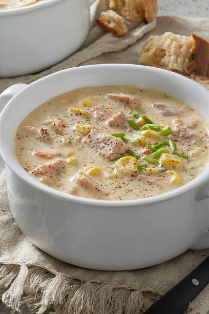 Creamy Ham and Corn Chowder in White Bowl