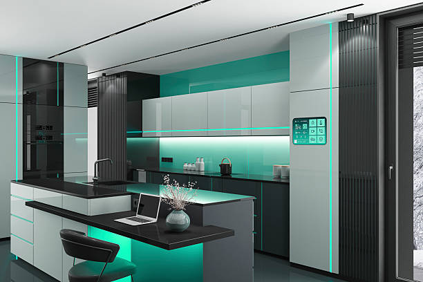 istock Futuristic Black and White high-tech kitchen interior with Green Accents and LED stripes 2263206514