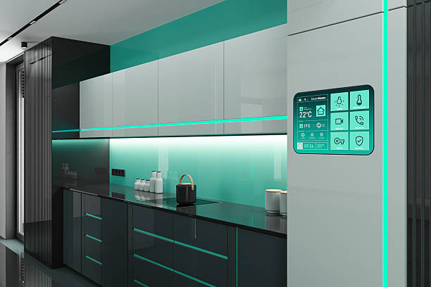 istock Futuristic Black and White high-tech kitchen interior with Green Accents and LED stripes 2263206626