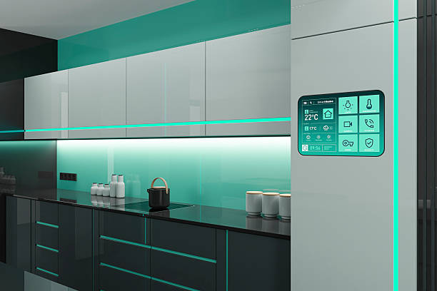 istock Futuristic Black and White high-tech kitchen interior with Green Accents and LED stripes 2263206629