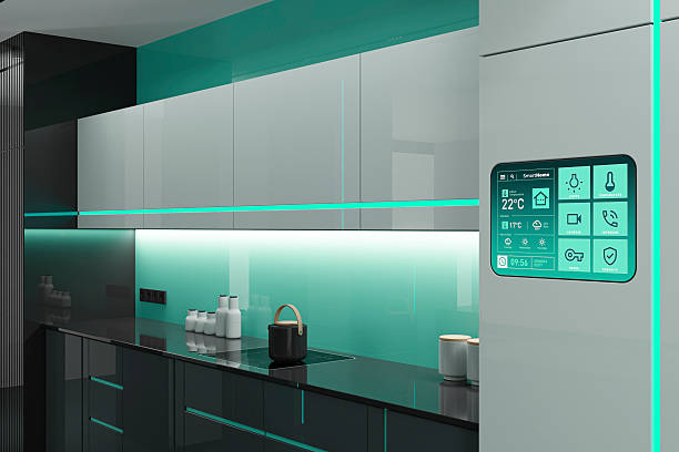 istock Futuristic Black and White high-tech kitchen interior with Green Accents and LED stripes 2263206642