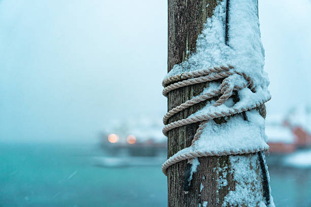Wooden mooring post at a harbor in sakrisoy, lofoten islands, norway, during winter