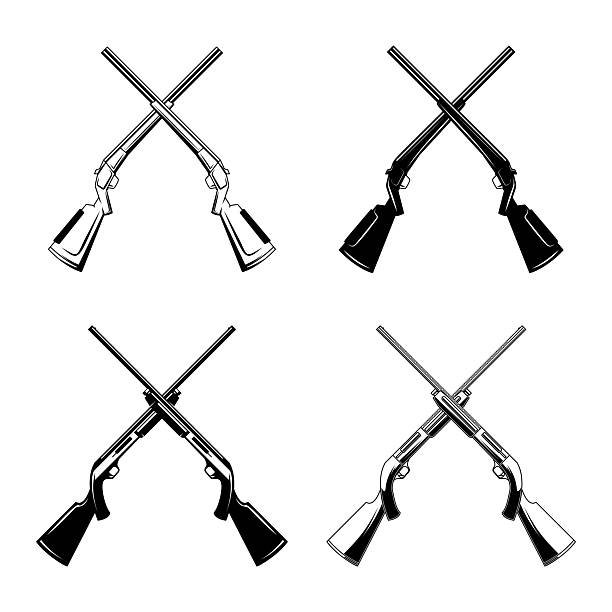 A set of four black and white vector illustrations featuring crossed hunting rifles and sniper guns. These detailed, minimalist weapon silhouettes are ideal for hunting emblems.