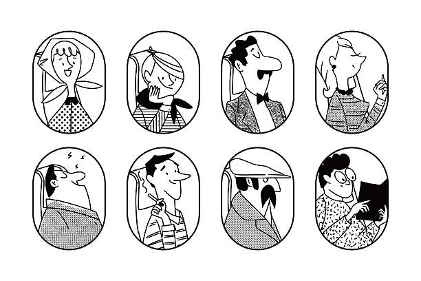 Airplane passengers in oval windows in retro black and white style. Hand drawn vector illustration with diverse travelers sitting by plane portholes, expressive faces isolated on light background.