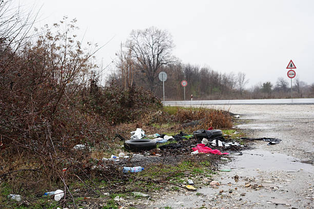 Illegal roadside dumping with tires plastic bottles and muddy abandoned landscape