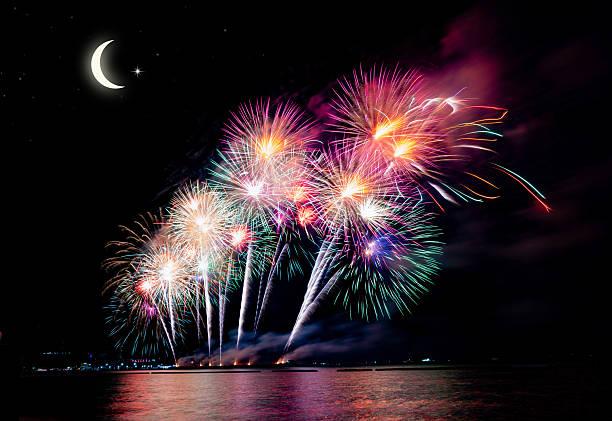 Night sky and moon, stars,Ramadan Kareem celebration.Serenity colorful fireworks on the night sky background.