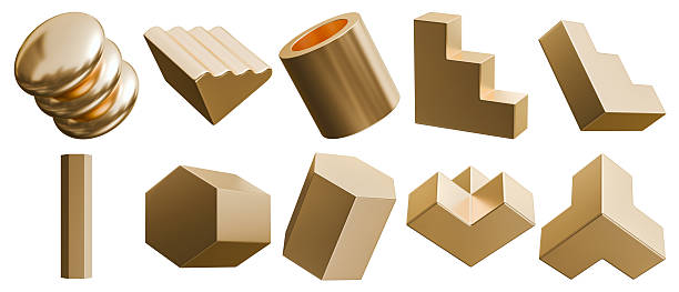 Golden abstract 3D geometric shapes set. Metallic primitive hexagon prism, cylinder, wavy block for Y2K graphic design and product display. Isolated on white background with clipping path.