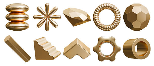 Golden abstract 3D geometric shape collection. Metallic primitive starburst, ribbed ring, stacked ovals and faceted sphere for Y2K graphic design. Isolated on white with clipping path.