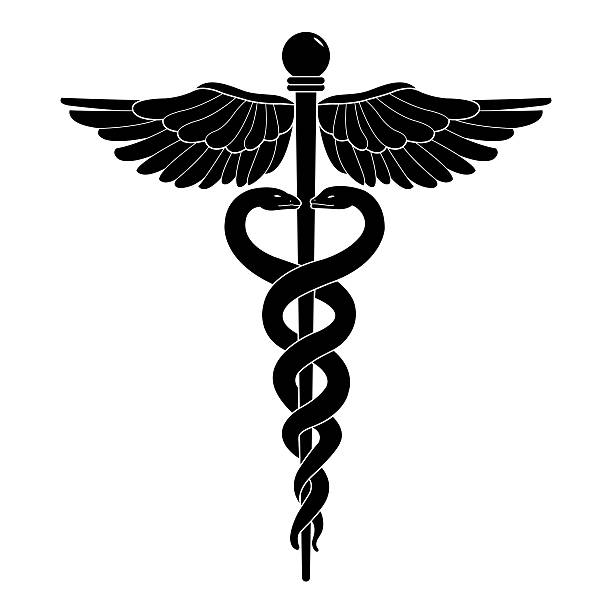 Caduceus staff of Hermes silhouette symbol of commerce, negotiation, and peace. Ancient Greek rod with two snakes. Vintage short staff, two serpents wrapped around it, and a pair of wings at the top. Vector illustration