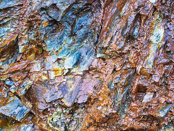 Close-up of a colorful, wet, rough, and rusty rock