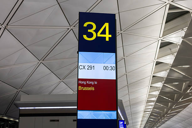 Hong Kong - February 9, 2026 : Departure gate for a Cathay Pacific flight to Brussels at Hong Kong International Airport.