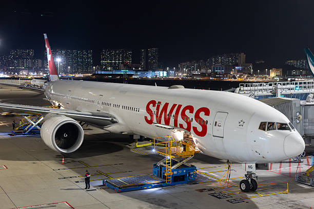 Hong Kong - February 9, 2026 : A SWISS Boeing 777-300ER at Hong Kong International Airport.