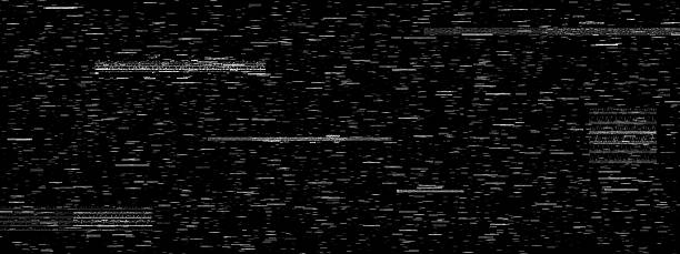 Cvtv noise texture. Tv filter effect with glitch scratch. Vintage vhs for film or game. White 90s horror pattern on black background.  Pixel and line grain interference horizontal television overlay
