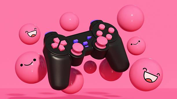This vibrant three-dimensional illustration features a black video game controller with pink accents, surrounded by floating pink spheres with happy, smiling faces. Set against a matching pink background, the playful composition symbolizes the joy, community, and social interaction found in the gaming world. The cheerful emojis represent positive feedback, multiplayer fun, and the excitement of digital entertainment. This visual is perfect for esports marketing campaigns, game developer promotions, streaming channel branding, and youth-oriented advertisements. Ideal for businesses seeking to convey the fun and connective power of modern video gaming.