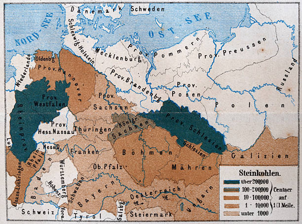 German history, Coal production, Infographic,  density map of Germany 1875, Vintage illustration, German text