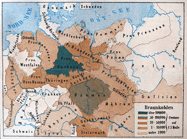 German history, Lignite production, Infographic,  density map of Germany 1875, Vintage illustration, German text