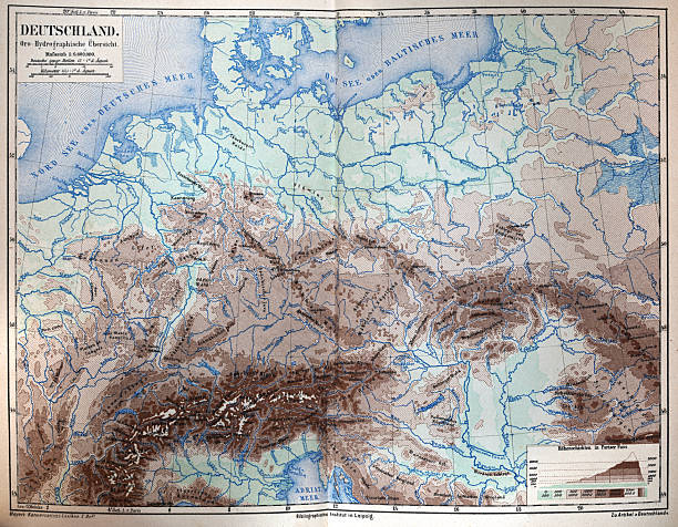 German history, Orohydrography map of Germany, 1875, mountain relief (orography) and surface-water drainage networks (hydrography) Vintage illustration, German text