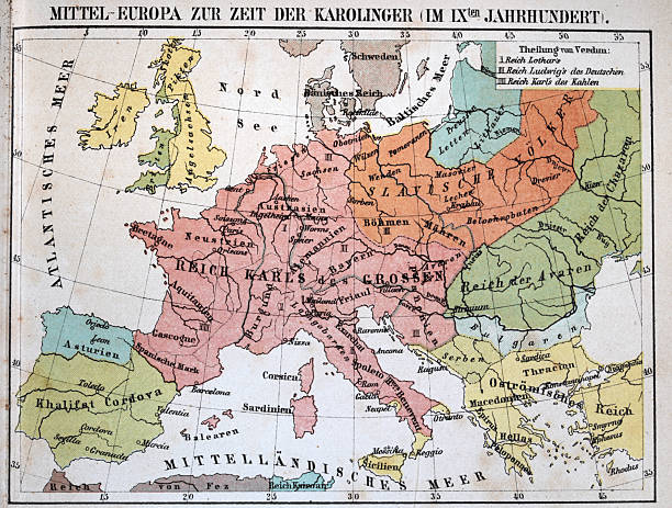 Map of early Medieval Europe in the 9th Century, Carolingian Empire, Vintage illustration, German text