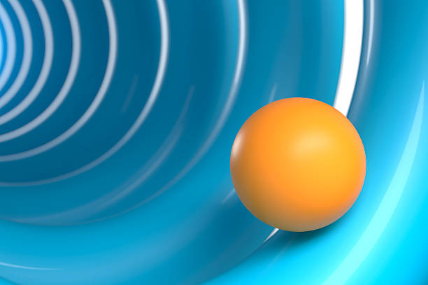Colorful abstract motion with orange sphere spiraling through blue tunnel. 3d render.