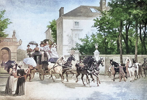 19th Century Painting: Geo Busson, Coach Arriving at Bellevue Station