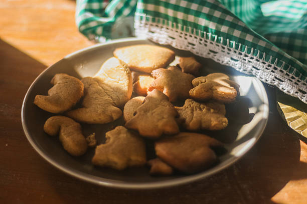 Plate of freshly baked holiday cookies with sunlight highlighting the festive treats
