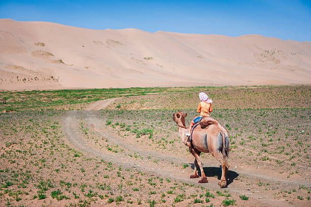 A young rider wearing an orange shirt and a patterned headscarf sits astride a single-humped camel following a winding dirt track across a sparsely vegetated plain. Towering sand dunes rise in the distance beneath a clear blue sky, creating a contrast between the green-tinged ground and the expansive sandy landscape.