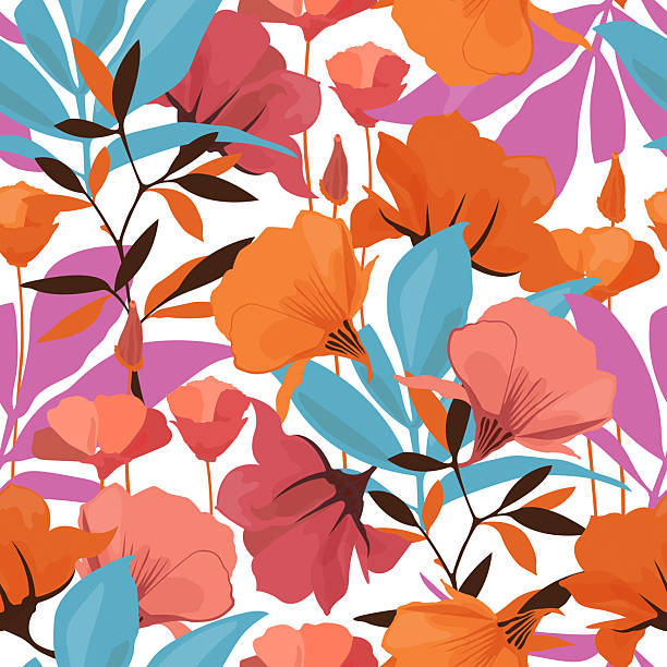 Vector floral seamless pattern. Orange, red, pink flowers, purple and blue leaves on a white background