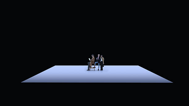Conceptual composition executives meeting on geometric business stage. Concept of collaboration, negotiation, leadership discussion, professional communication and corporate decision environment.