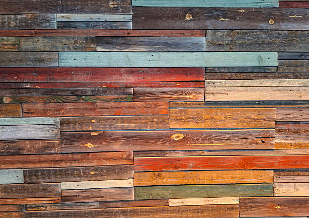 Rustic multicolor wooden boards with visible grain and knots. Weathered timber paneling texture for interior design, DIY decor, backdrop and copy space.