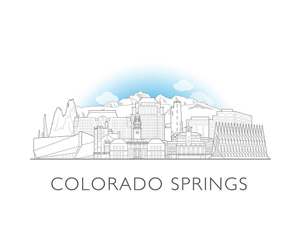 Colorado Springs skyline, USA. Urban cityscape with landmarks and monuments. Hand drawn line art digital skyline illustration.