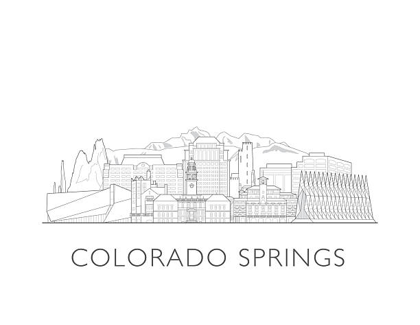 Colorado Springs skyline, USA. Urban cityscape with landmarks and monuments. Hand drawn line art digital skyline illustration.