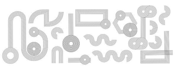 Zen arch set. Abstract patterns with circles and organic shapes. Linear stroke design in black color, modern bohemian aesthetic arches, can use for wall art. Vector illustration isolated.