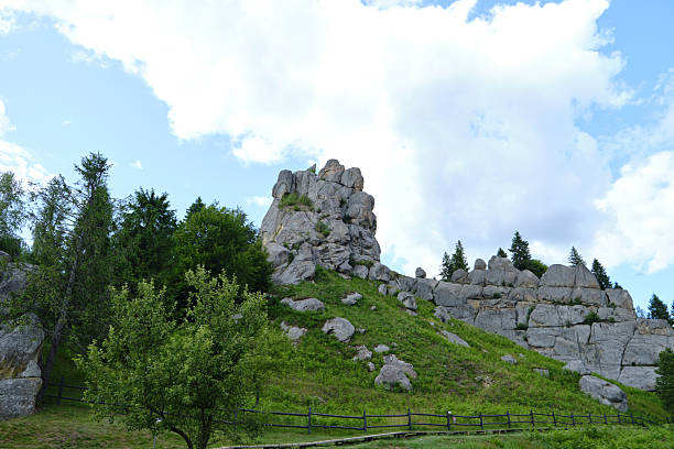 view of historic Tustan rock fortress in Ukrainian Carpathians: wooden viewing platform and fence on ancient cliff edge, overlooking lush green valley and dense forest under partly cloudy sky