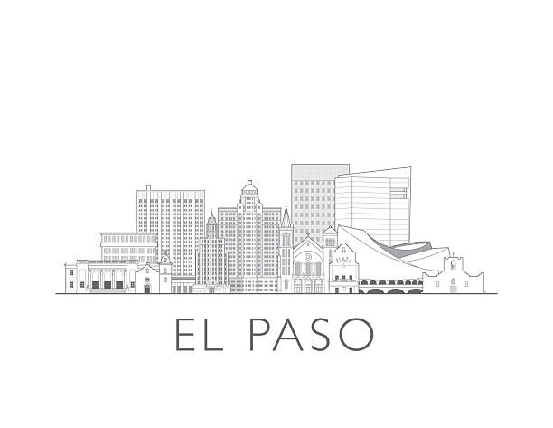 El Paso, Texas, skyline, USA. Urban cityscape with landmarks and monuments. Hand drawn line art digital skyline illustration.