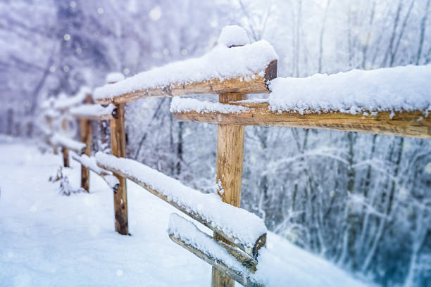Close-up of a rustic wooden fence covered with fresh snow in a winter landscape, with blurred snowy trees in the background. Cold seasonal outdoor scene with shallow depth of field, soft snowfall bokeh, and tranquil countryside atmosphere.