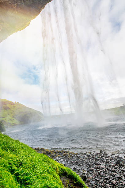 Seljalandsfoss waterfall in Iceland during summer with lush green landscape and mist.