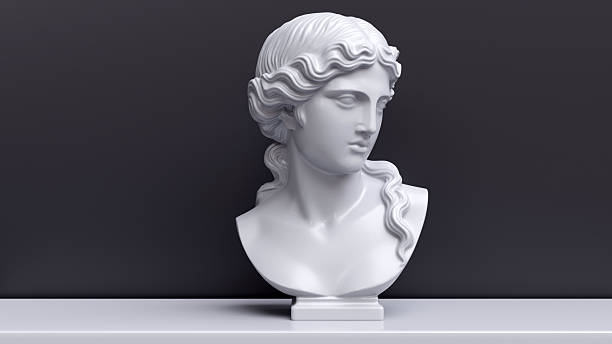 Aphrodite statue bust in a museum display, Venus marble sculpture against a dark wall, 3D render