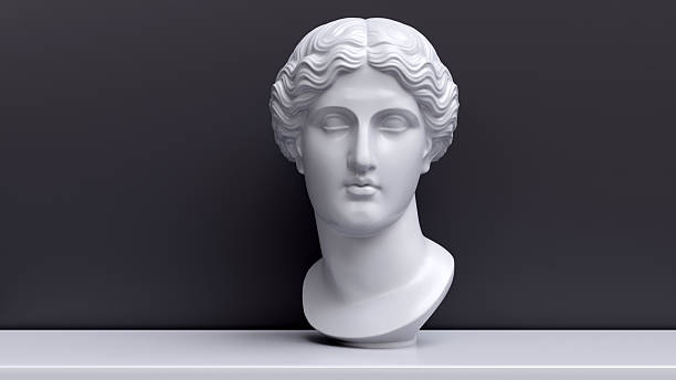 Venus marble sculpture, Aphrodite statue bust in a museum display, against a dark wall, 3D render