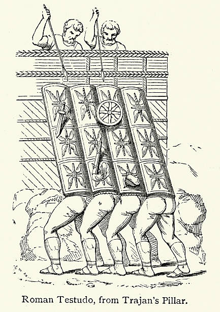Military history, Roman soldiers forming a Testudo with their shields, Vintage illustration, 19th Century