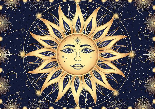 Card of mystical fiery Sun with face, Moon, crescent, star, sunburst, night sky. Constellation galaxy celestial magic space. Spiritual zodiac horoscope, astrology sign, astronomy vector illustration