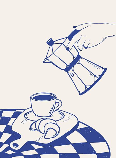Retro coffee poster, banner, card illustration with hand drawn croissant, espresso cup and moka pot in bold blue lines. Good for wall art prints, menues, towels, tote bags, cafe branding, stationery, templates, social media, etc. EPS 10