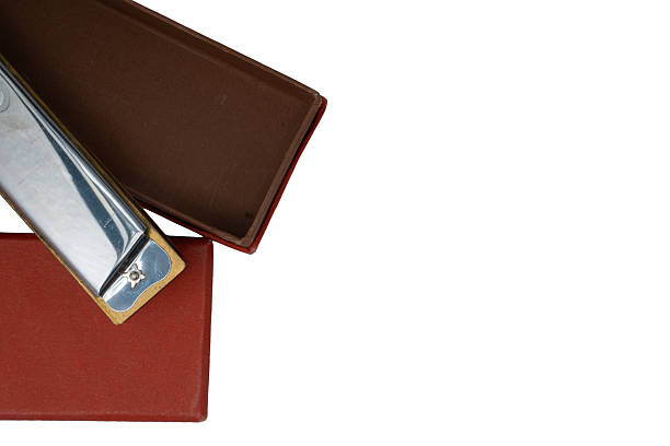 Metal harmonica resting on its open red case, ready for music production