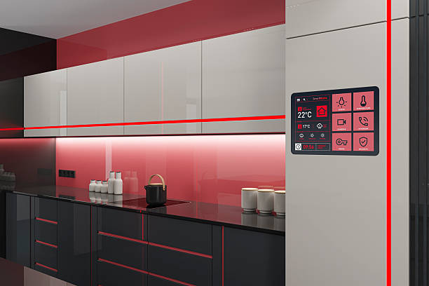 istock Futuristic Black and Beige high-tech kitchen interior with Pale Red Accents and Red LED stripes 2263385280