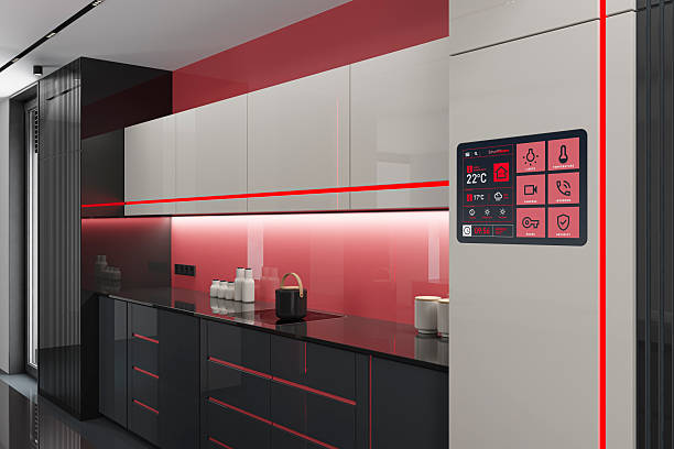 istock Futuristic Black and Beige high-tech kitchen interior with Pale Red Accents and Red LED stripes 2263385288
