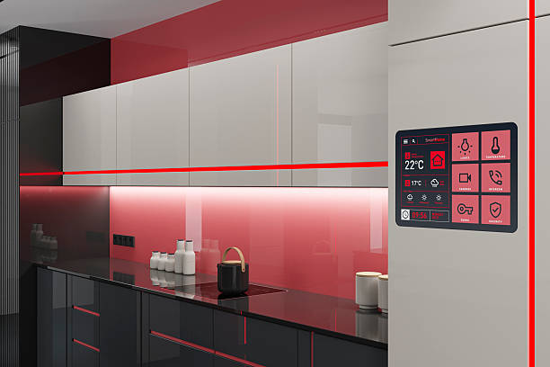 istock Futuristic Black and Beige high-tech kitchen interior with Pale Red Accents and Red LED stripes 2263385309