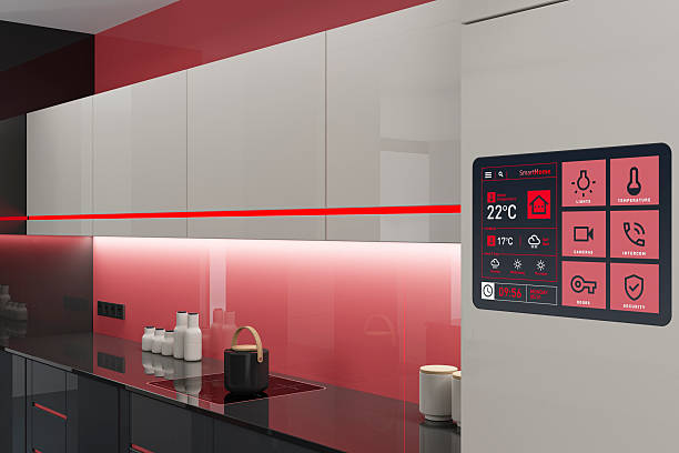 istock Futuristic Black and Beige high-tech kitchen interior with Pale Red Accents and Red LED stripes 2263385315
