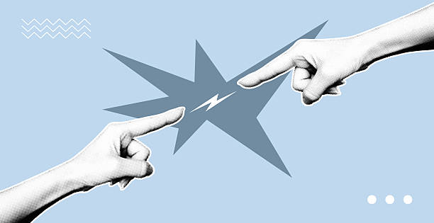 Collage halftone pop art hands pointing at each other with lightning clash. Conflict, argument and confrontation concept banner. Vector illustration for marketing, business, mixed media, web design