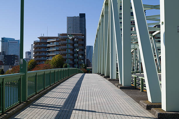 Perspective view of a pedestrian walkway on a modern iron bridge in Koto, Japan