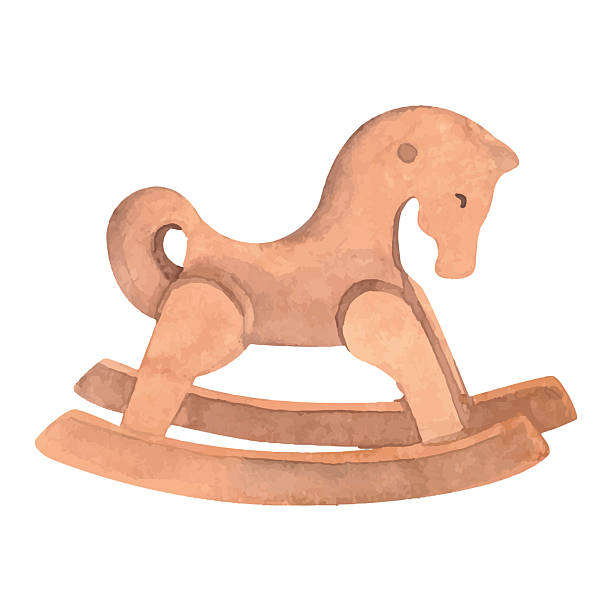 Wooden Rocking Horse Watercolor baby toy. Hand drawn watercolor illustration of Riding pony. Funny animal for kid game in vintage style. Retro drawing on isolated background for children.