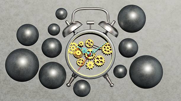 This industrial-style three-dimensional illustration features a silver alarm clock with exposed internal gears, surrounded by floating metallic spheres. Set against a textured grey background, the design symbolizes precision, engineering, and the mechanics of time. The exposed cogs represent the inner workings of a business or system, highlighting efficiency and process. Ideal for manufacturing companies, engineering firms, logistics presentations, and content related to industrial time management and structural organization.